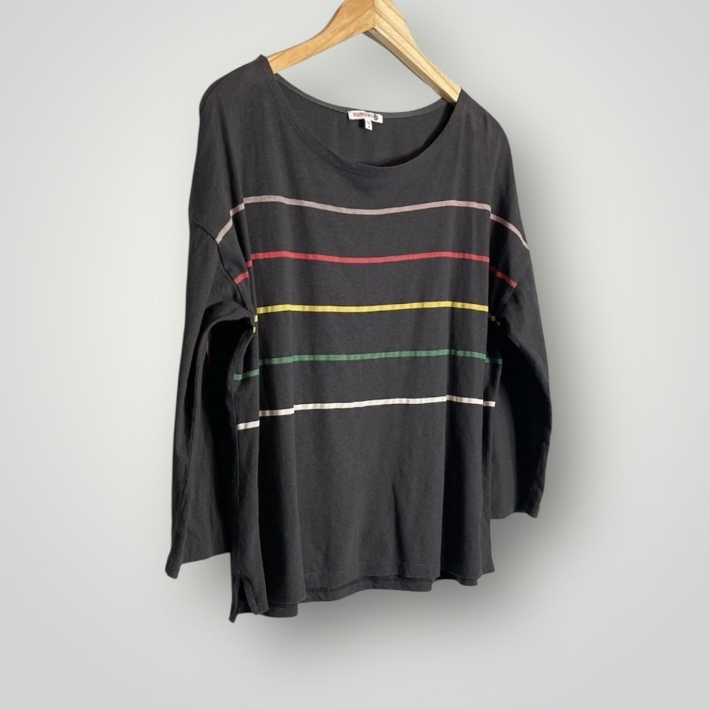 Sundry Striped Pullover Top Size Large 3/4 Sleeve Gray 100% Cotton EUC - Picture 3 of 8